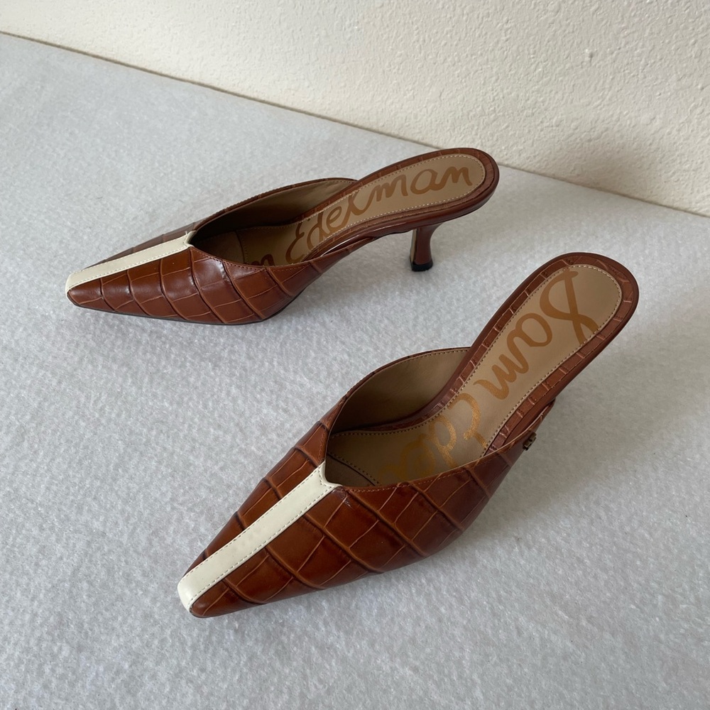 Sam Edelman Croc Embossed Pointed Toe Mules | W8 | Brown & Cream | Kitten Heels